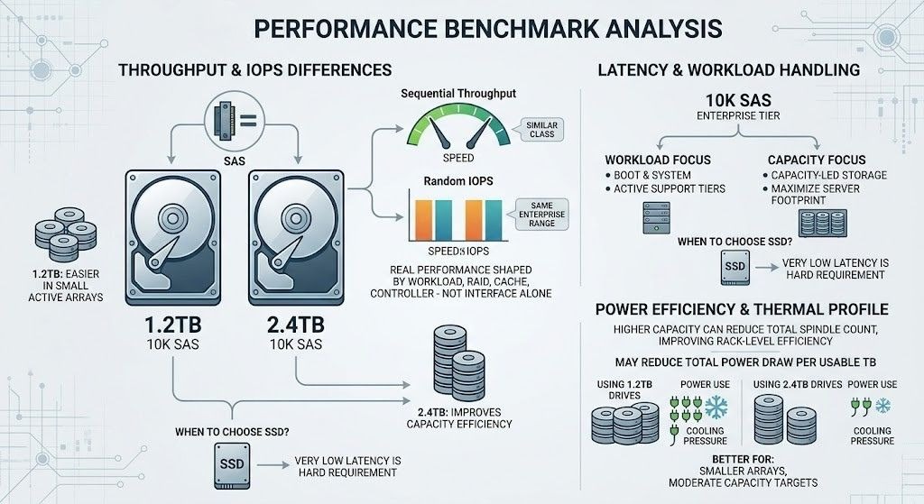 Performance Benchmark Analysis infographic comparing 1.2TB vs 2.4TB 10K SAS drives, IOPS, latency, throughput, and power efficiency.