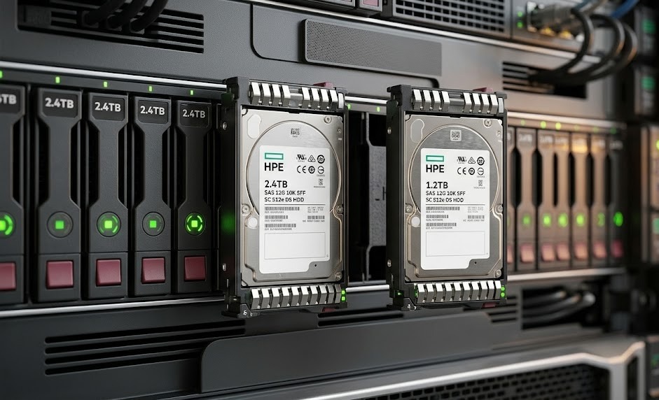 Pros and cons analysis image of HPE 2.4TB and 1.2TB 10K SAS hard drives installed in an enterprise server.