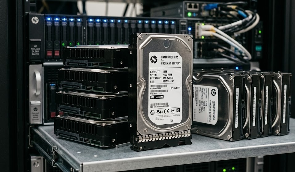 Which HDD should you choose image showing HP enterprise hard drives in a server for storage upgrade and data center use.