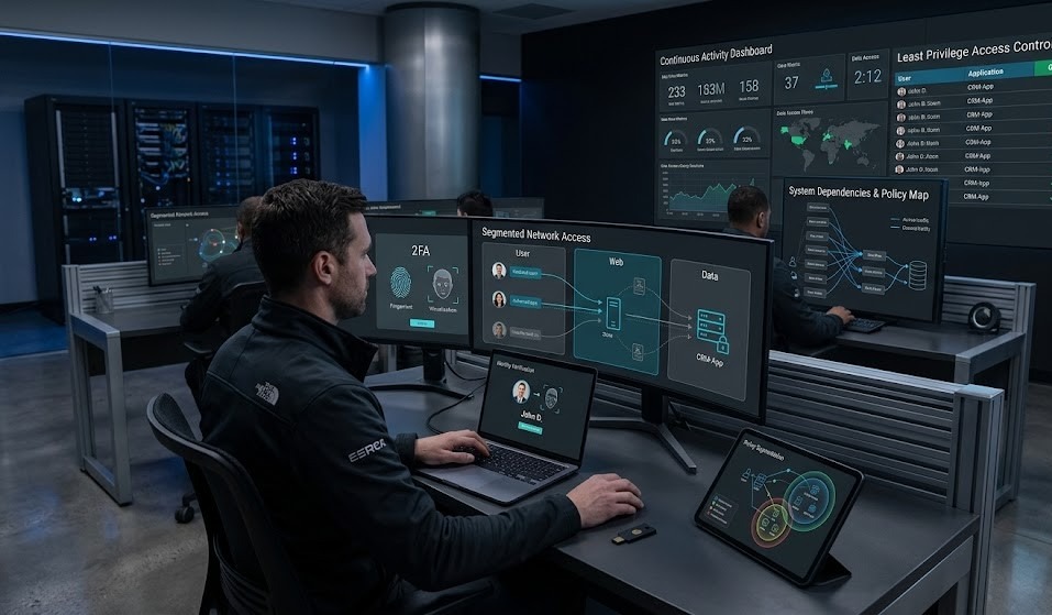 Security team implementing Zero Trust with monitoring dashboards, access controls, and segmented network views.