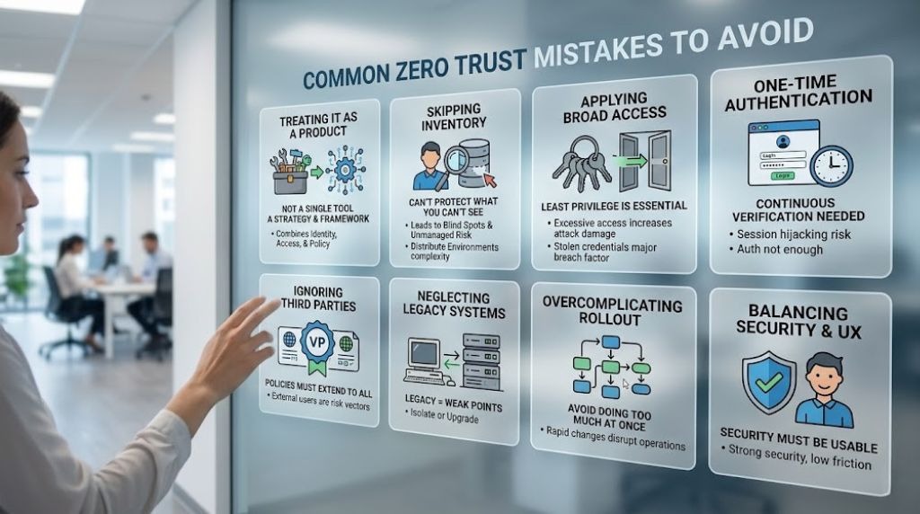 Office display showing common Zero Trust security mistakes, including broad access, one-time authentication, and legacy system risks.