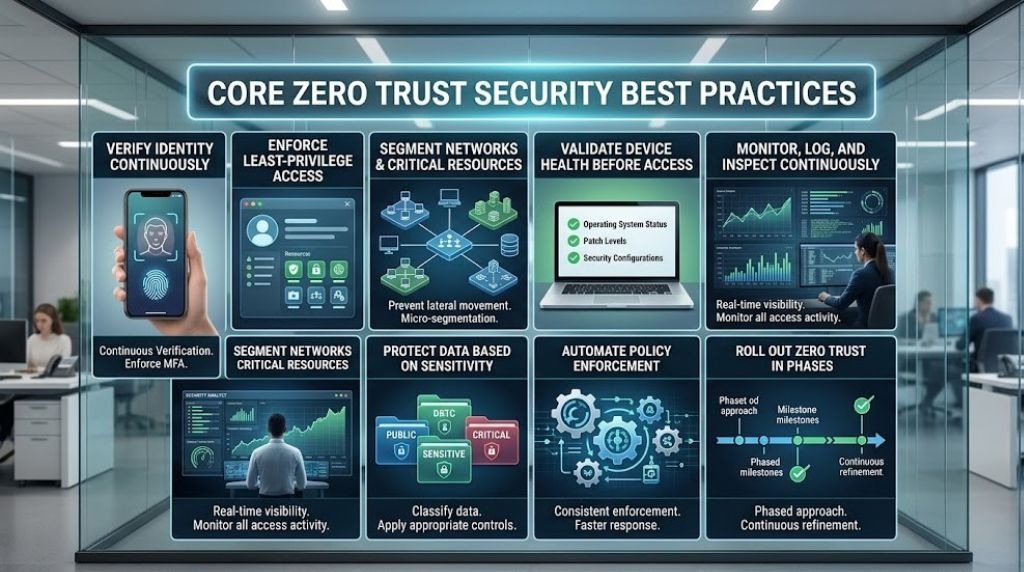 Zero Trust security best practices dashboard in a modern office.