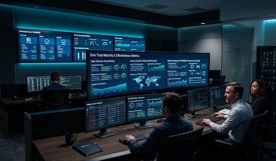Security team reviewing Zero Trust success metrics on monitoring and policy dashboards.