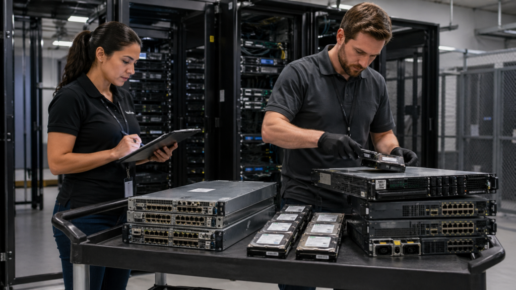 Two technicians handling and documenting servers in a data center during IT asset disposition.