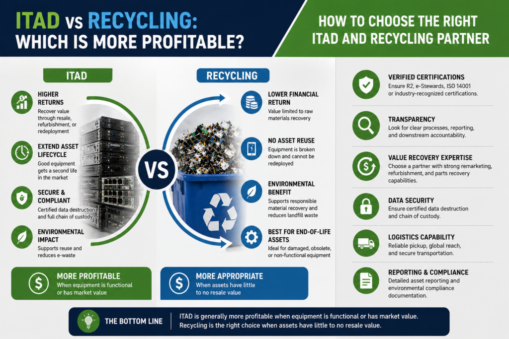Infographic explaining how to choose an ITAD and recycling partner, comparing profitability, security, certifications, and compliance.