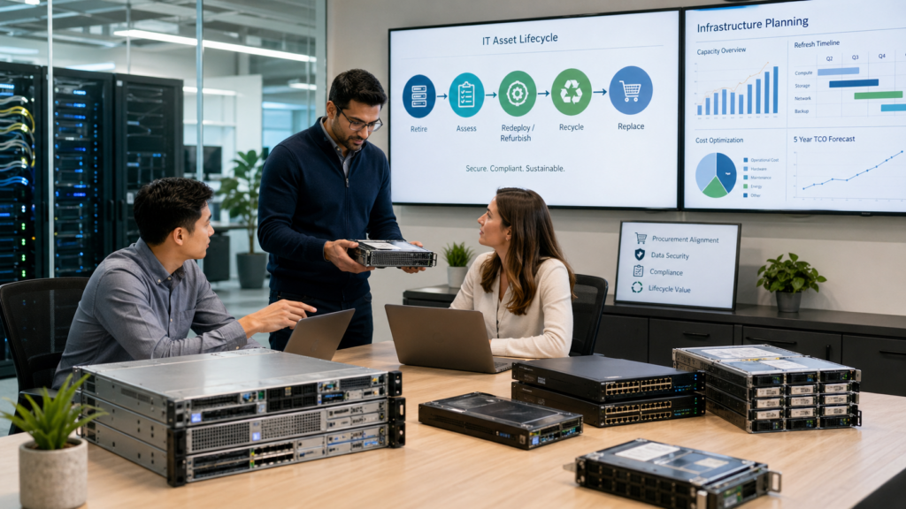 IT team reviewing asset lifecycle data to support better infrastructure planning and ITAD decisions.