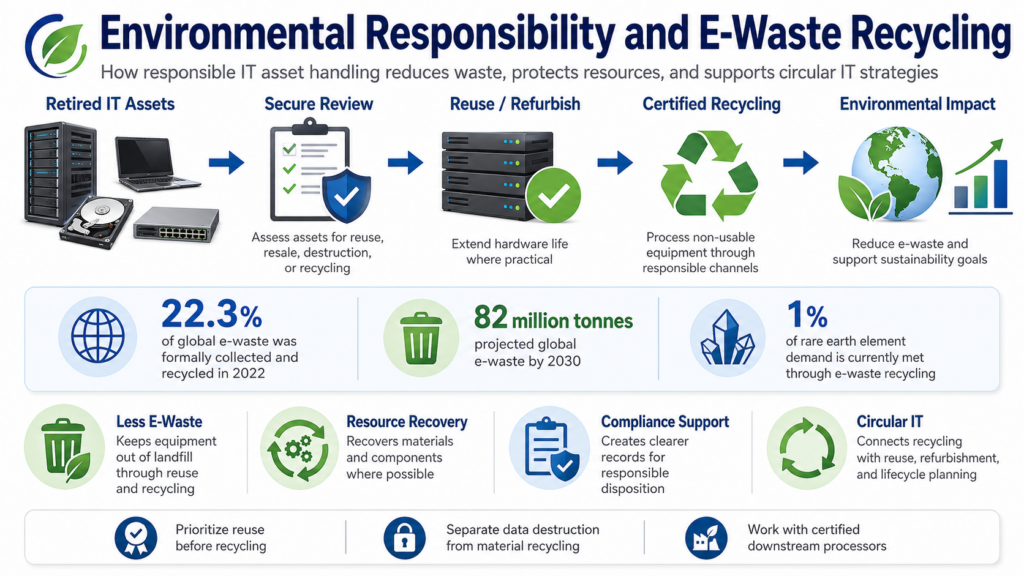 Infographic on responsible e-waste recycling, showing secure review, reuse, certified recycling, resource recovery, and environmental impact.
