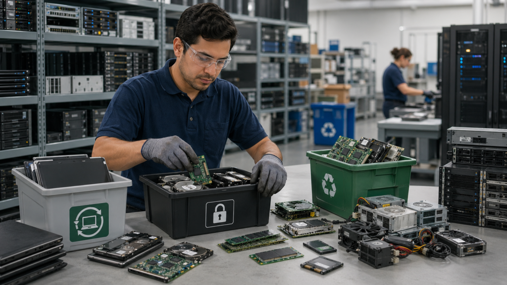 Technician sorting retired IT hardware and components for secure recycling.