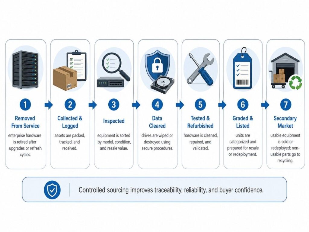 Infographic showing the seven-step process of how refurbished hardware enters the secondary market: 1) Removed from service, 2) Collected and logged, 3) Inspected, 4) Data cleared, 5) Tested and refurbished, 6) Graded and listed, 7) Secondary market (usable equipment sold or redeployed, non-usable parts recycled)