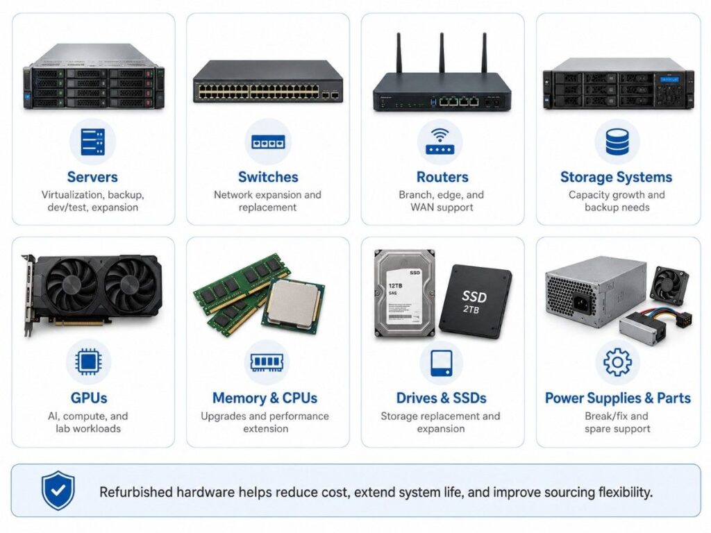 Infographic displaying commonly sourced refurbished hardware types: servers, switches, routers, storage systems, memory, SSDs, power supplies, and cooling components. Each hardware type is accompanied by a brief description of its typical use, such as virtualization, network expansion, backup, and capacity growth