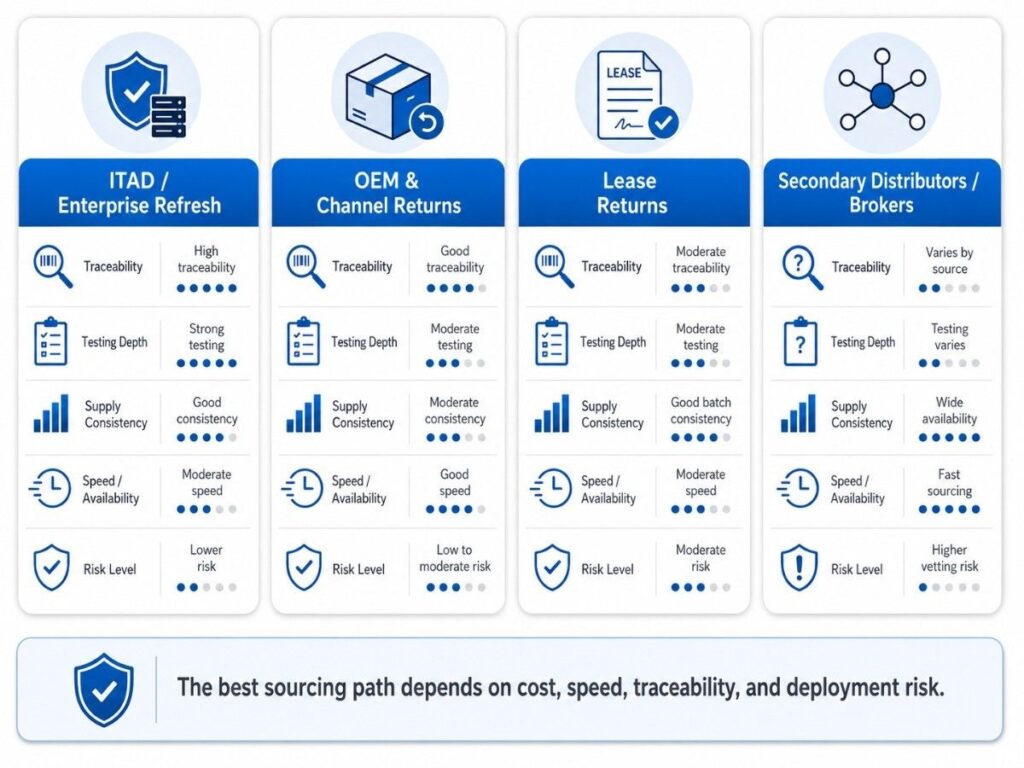 Infographic comparing the key differences in refurbished hardware sourcing types: ITAD/Enterprise Refresh, OEM & Channel Returns, Lease Returns, and Secondary Distributors/Brokers. Each type is evaluated based on traceability, testing depth, supply consistency, speed/availability, and cost factors.