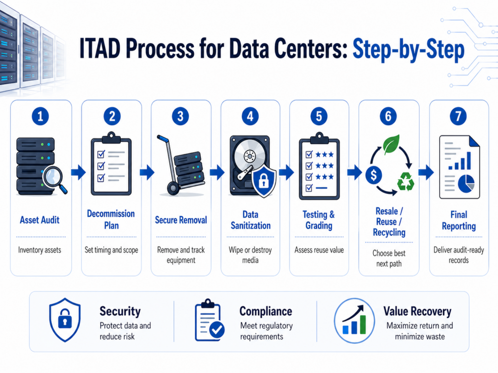 Step-by-step ITAD process for data centers, from asset audit and decommissioning to data sanitization, resale, recycling, and reporting.