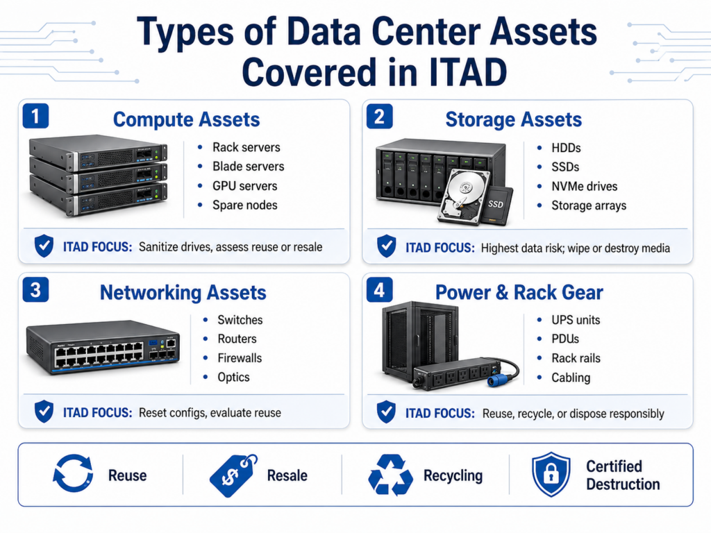 Infographic showing ITAD coverage for data center assets, including servers, storage, networking, power, and rack gear.