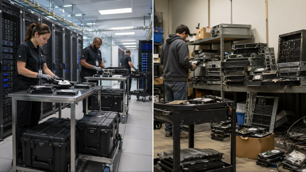 Side-by-side comparison of professional ITAD handling and disorganized in-house IT asset disposal.
