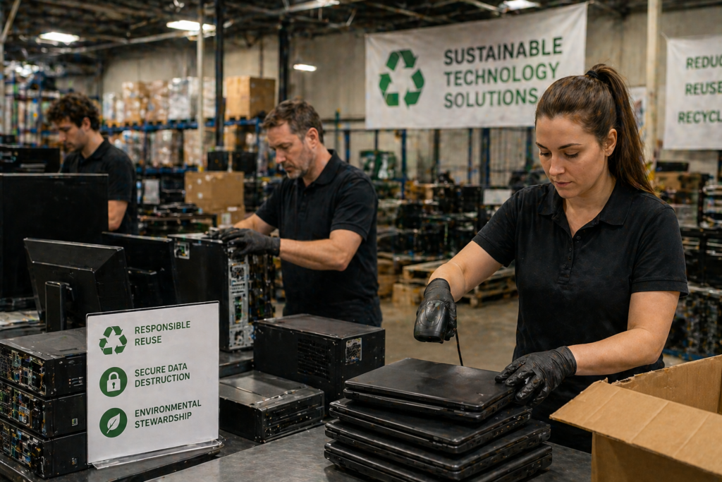 Workers processing used electronics for responsible reuse, secure data destruction, and recycling.