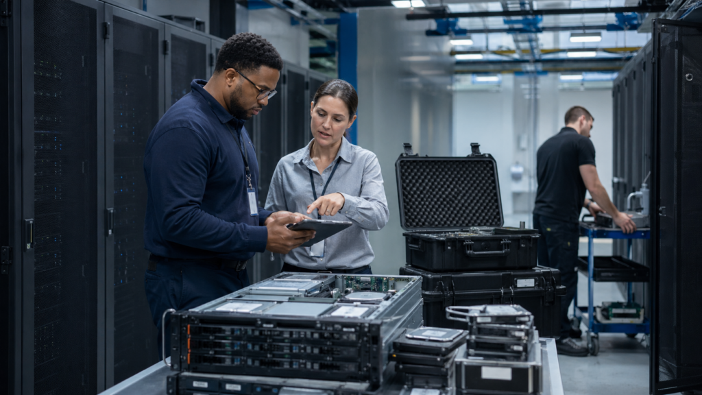 ITAD provider team reviewing data center equipment and asset records during secure disposal planning.