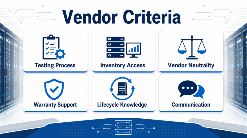 Infographic showing criteria for choosing a refurbished IT vendor, including testing, inventory, neutrality, warranty, lifecycle knowledge, and communication.