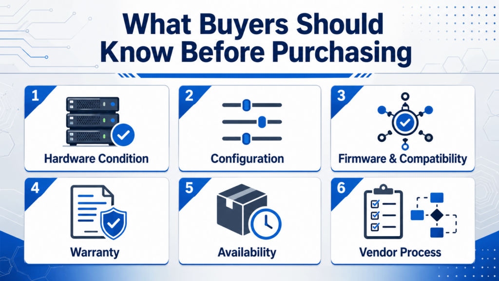 Infographic listing key refurbished IT buying factors, including condition, configuration, compatibility, warranty, availability, and vendor process.