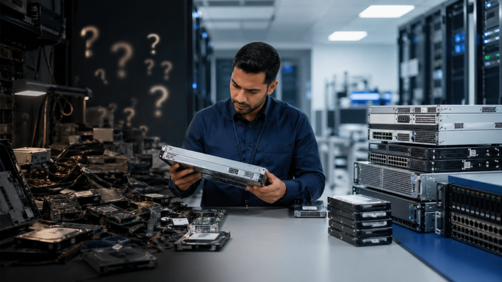 Technician inspecting refurbished IT equipment, highlighting uncertainty and misconceptions about used hardware.