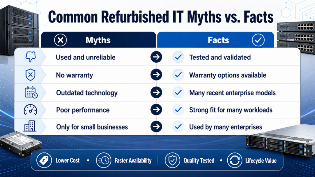 Infographic comparing common refurbished IT myths with facts about reliability, warranties, technology, performance, and enterprise use.
