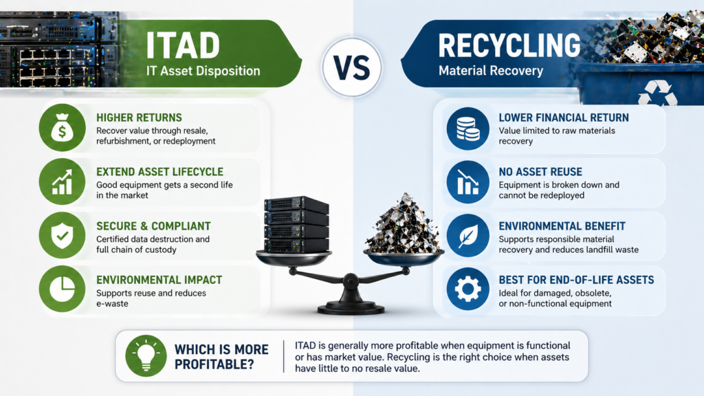 Infographic comparing ITAD and recycling profitability, highlighting ITAD’s higher returns and recycling’s role for end-of-life assets.