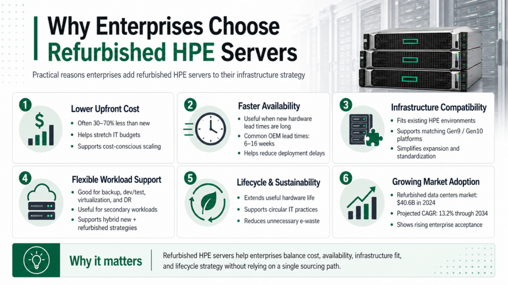 Infographic explaining why enterprises choose refurbished HPE servers, highlighting lower upfront cost, faster availability, infrastructure compatibility, flexible workload support, sustainability, and growing market adoption.