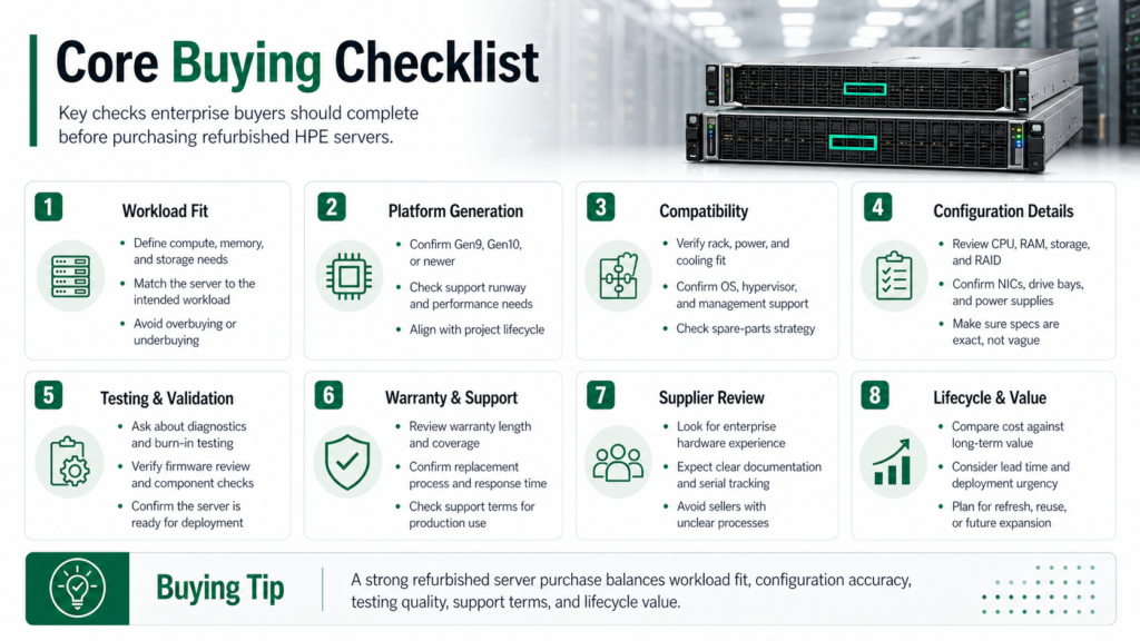 Infographic showing a core buying checklist for refurbished HPE servers, including workload fit, platform generation, compatibility, configuration details, testing, warranty, supplier review, and lifecycle value.