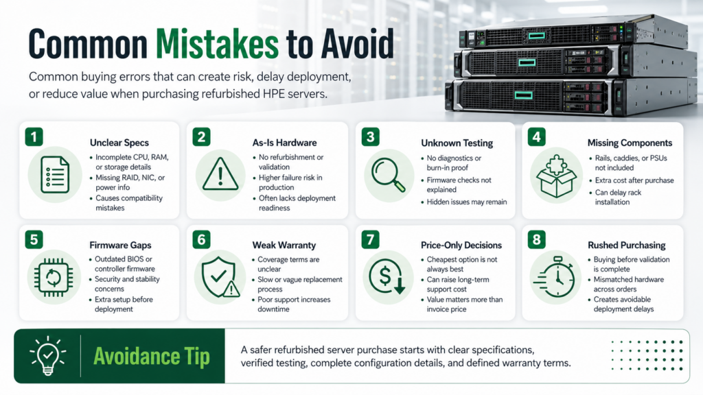 Infographic showing eight common mistakes to avoid when buying refurbished HPE servers, including unclear specs, unknown testing, missing components, weak warranty, and rushed purchasing.