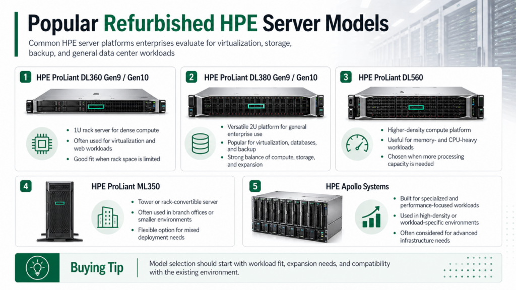Infographic showing popular refurbished HPE server models, including HPE ProLiant DL360, DL380, DL560, ML350, and HPE Apollo systems for virtualization, storage, backup, and data center workloads.