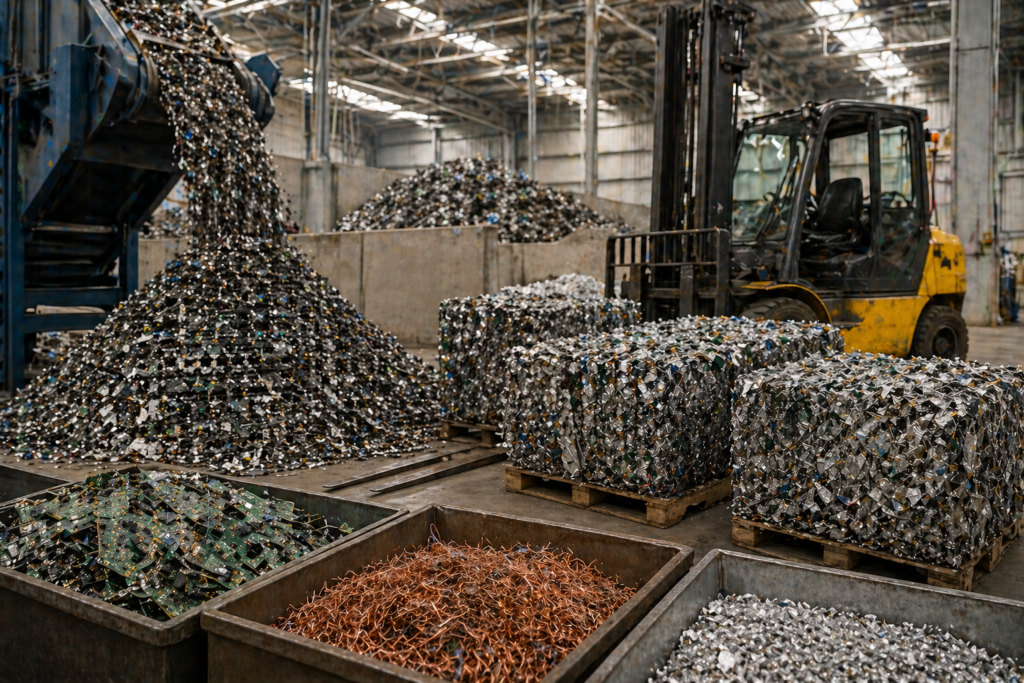 Forklift moving bales of crushed recyclable material inside a recycling facility.