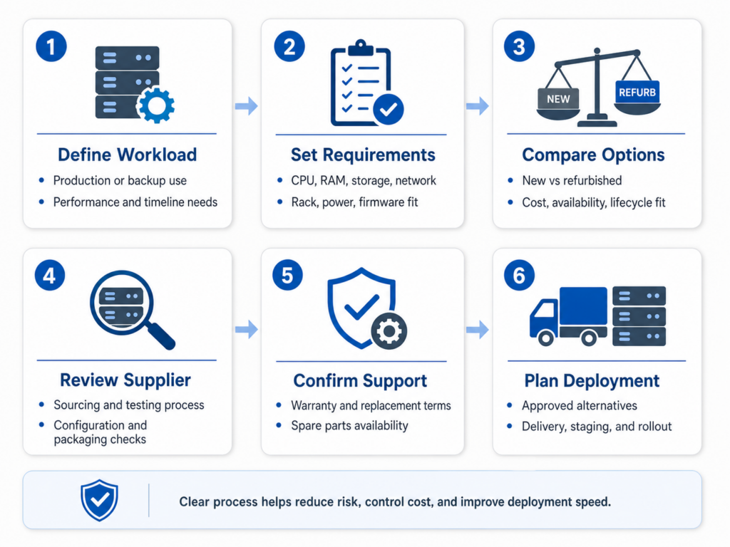 Infographic showing a six-step procurement framework for enterprise buyers: 1) Define Workload, 2) Set Requirements, 3) Compare Options (New vs Refurbished), 4) Review Supplier, 5) Confirm Support, 6) Plan Deployment