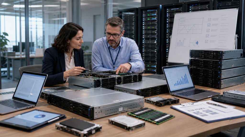 Two professionals analyzing refurbished servers, with laptops and a whiteboard displaying charts and data in the background, inside a data center.