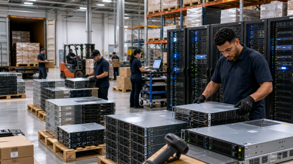 Workers in a warehouse managing refurbished servers, with racks of servers in the background and delivery pallets visible.