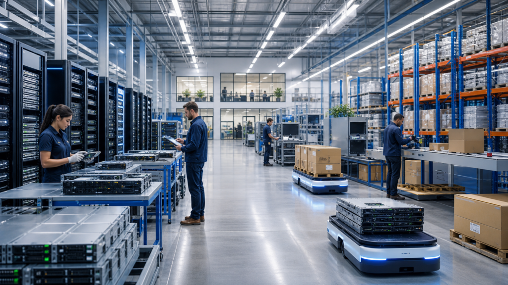 Workers in a warehouse environment managing refurbished servers and devices, with robotic carts assisting in the movement of equipment and inventory stored on shelves in the background.