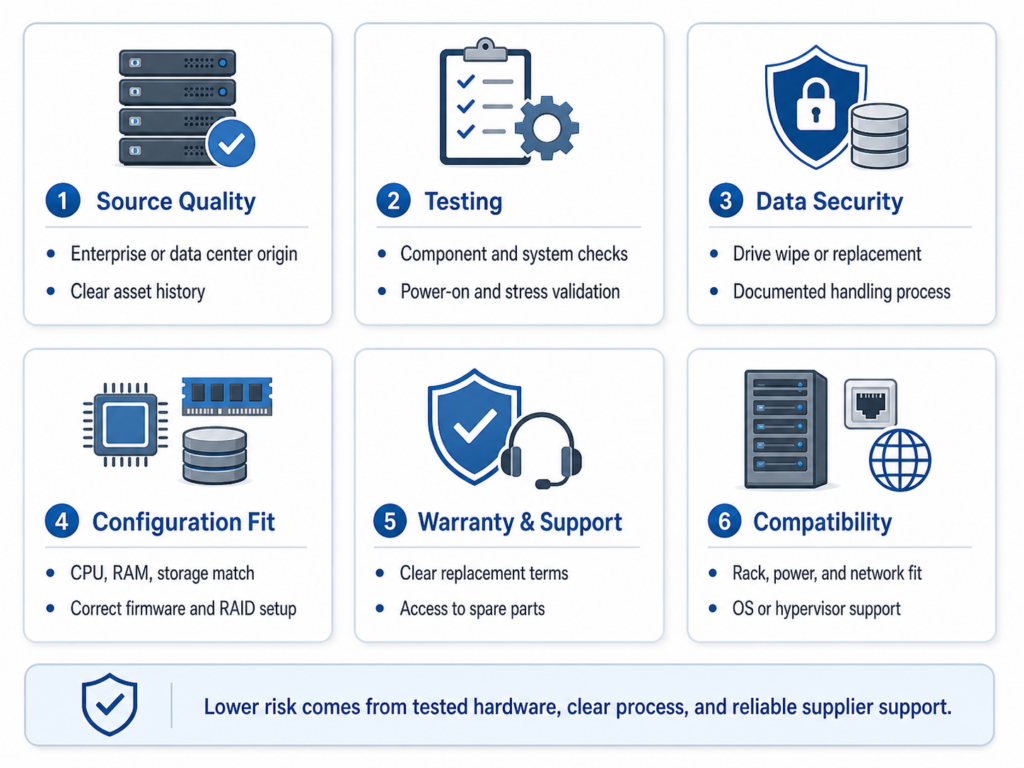 Infographic with six evaluation factors for refurbished IT equipment: Source Quality, Testing, Data Security, Configuration Fit, Warranty & Support, and Compatibility. Each factor is illustrated with icons and accompanied by key details.