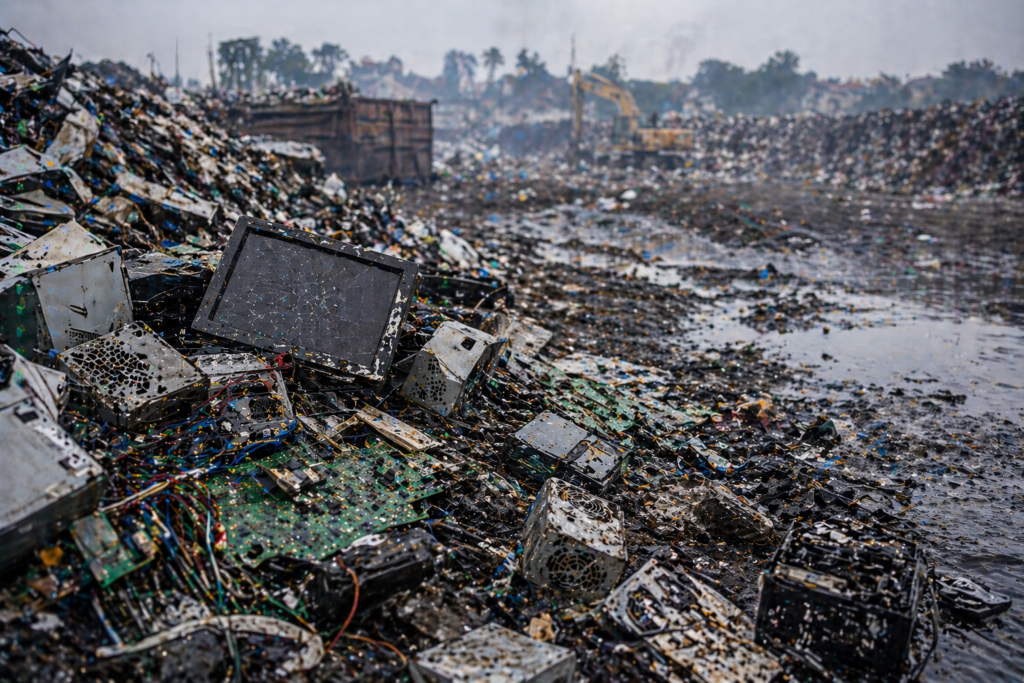Discarded electronics scattered across a polluted e-waste landfill.