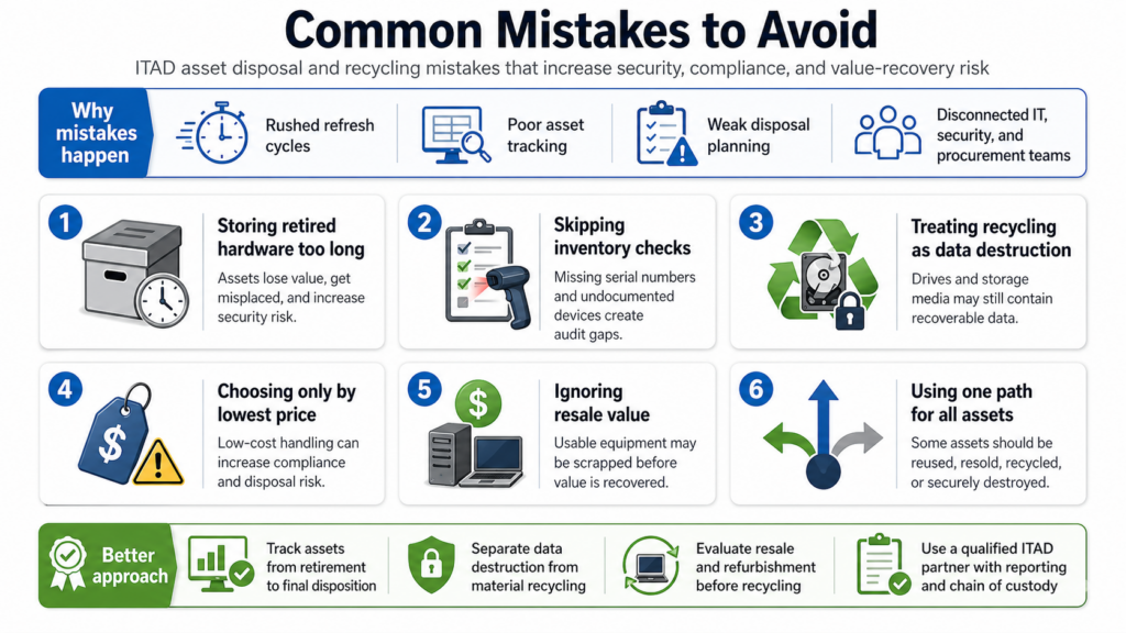 Infographic listing common ITAD and recycling mistakes, including poor tracking, skipped inventory checks, weak planning, and lost resale value.