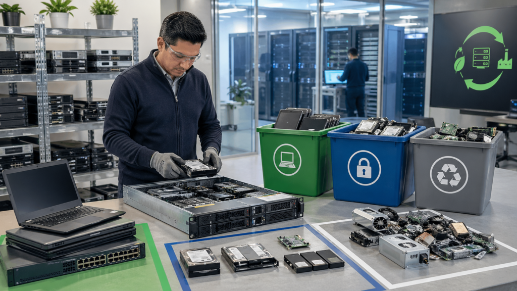 Technician sorting IT assets for reuse, data security, and recycling in a data center.