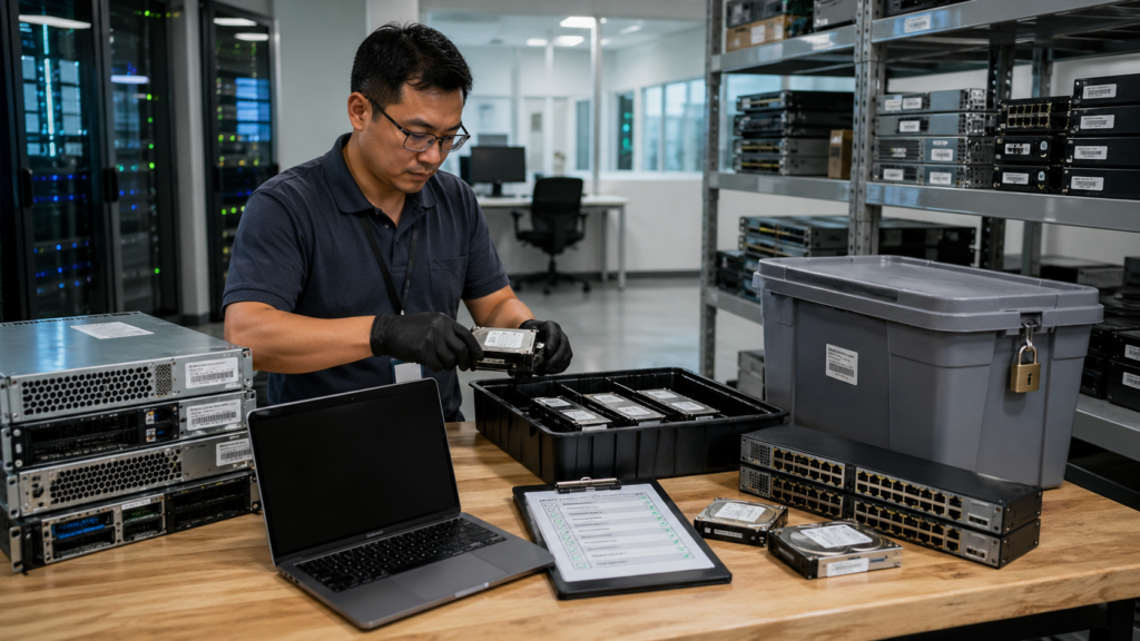 Technician handling retired IT equipment for secure asset disposal in a data center.