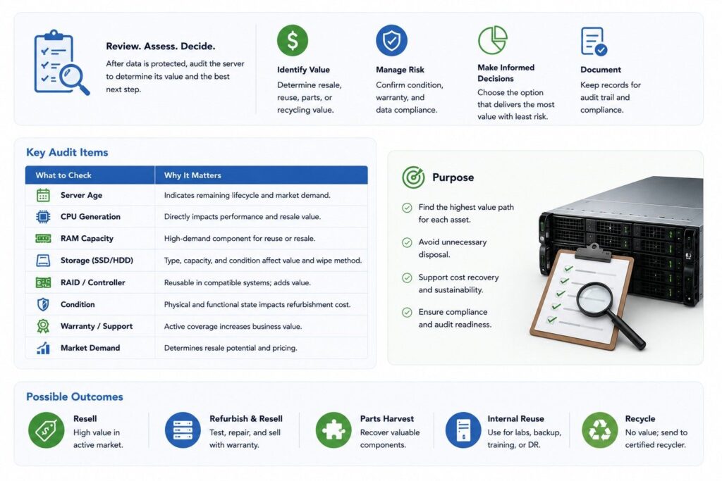 Infographic explaining asset audit and value review for old enterprise servers, showing key checks such as server age, CPU generation, RAM, storage, RAID controller, condition, warranty, and market demand to decide resale, reuse, parts harvesting, or recycling.