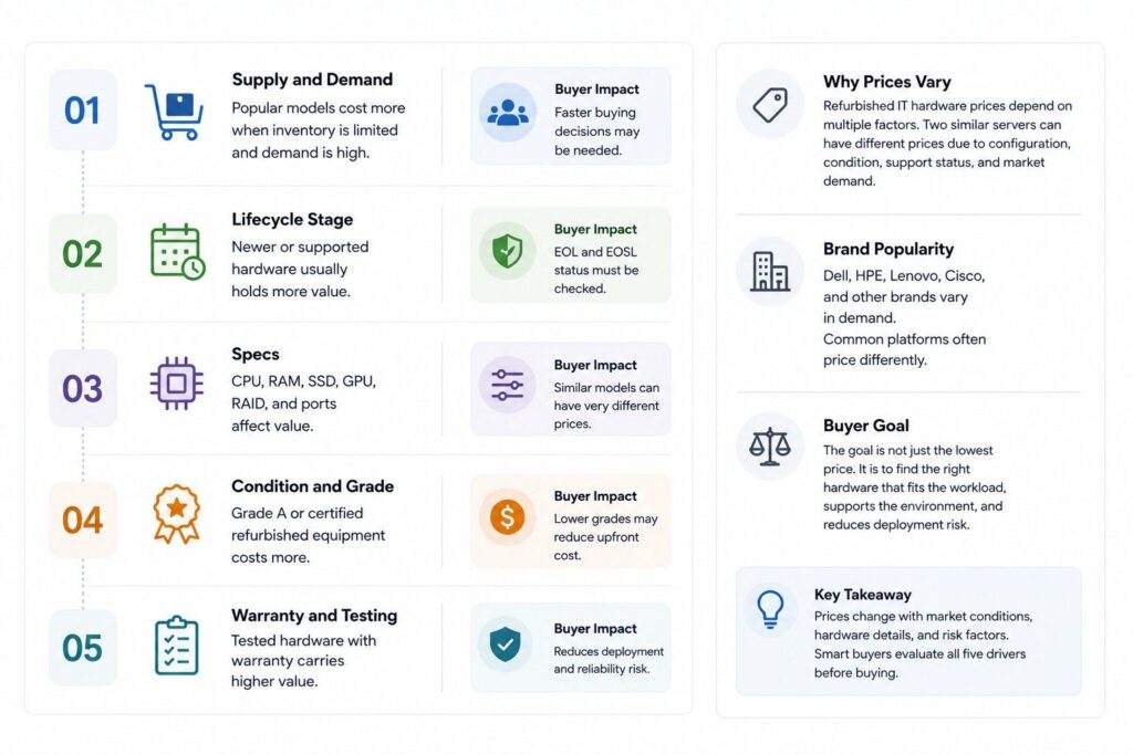 Infographic labeled Brand and Model Popularity, but showing five general pricing drivers: supply and demand, lifecycle stage, specs, condition and grade, and warranty testing, with buyer impact notes and a sidebar explaining why refurbished IT hardware prices vary.