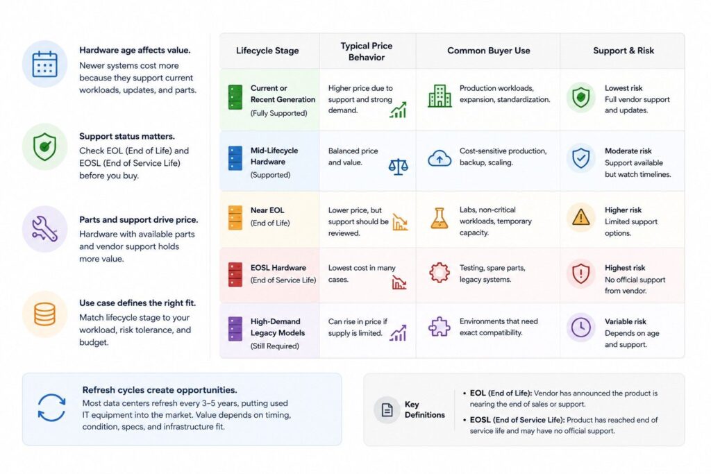 Infographic explaining how hardware age and lifecycle affect refurbished IT hardware pricing, comparing support status, price behavior, buyer use cases, and risk levels from current-generation systems to EOSL and high-demand legacy models.