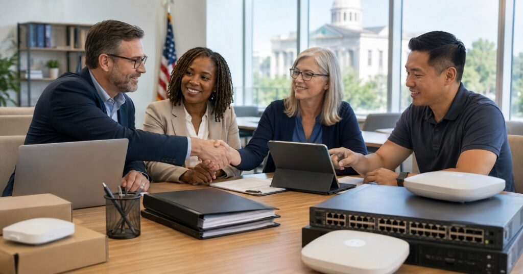 Public sector IT buyers reviewing contracts and technology equipment for SLED procurement planning.
