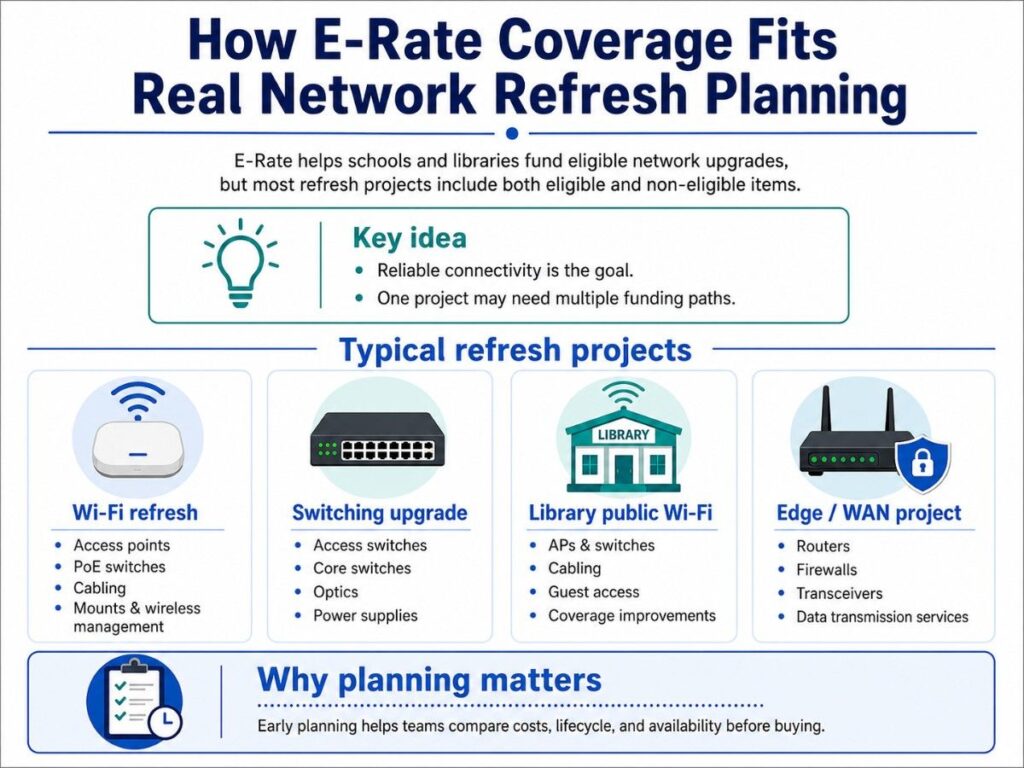 Infographic showing how E-Rate supports Wi-Fi refreshes, switching upgrades, public Wi-Fi, and WAN planning.