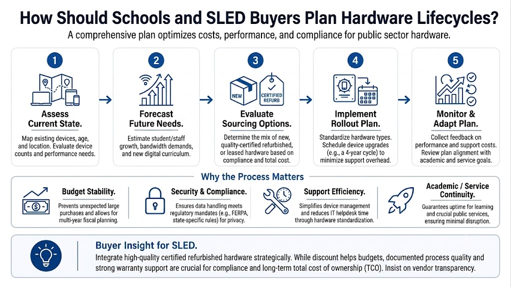 A process-driven infographic titled "How Should Schools and SLED Buyers Plan Hardware Lifecycles?" with the subtitle, "A comprehensive plan optimizes costs, performance, and compliance for public sector hardware."