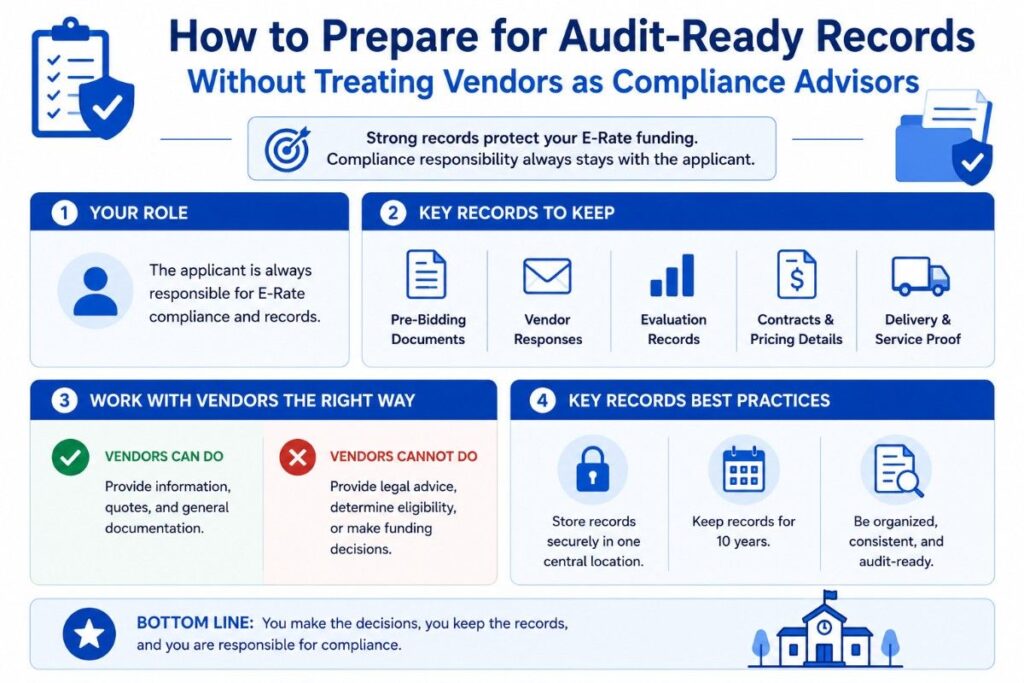 Blue and white infographic explaining how schools prepare audit-ready E-Rate records, keep compliance responsibility with the applicant, retain key documents, and use vendors only for quotes and supporting documentation.