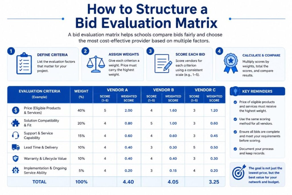 Blue and white infographic explaining how to structure an E-Rate bid evaluation matrix using weighted factors such as eligible price, compatibility, lead time, warranty/support, service capability, and lifecycle fit.