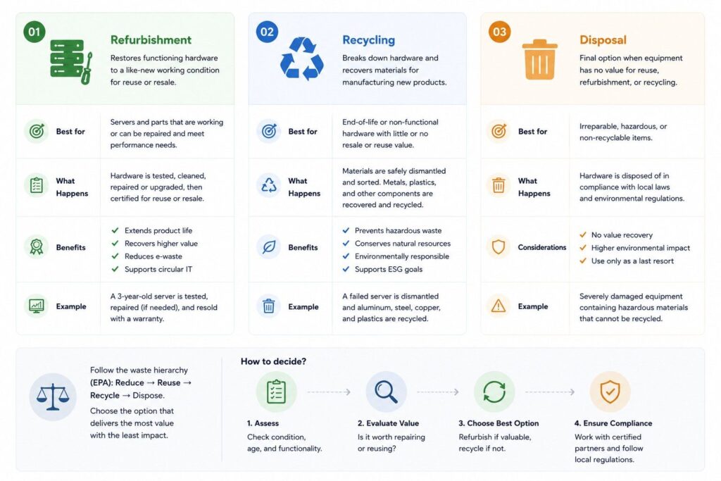 Infographic comparing refurbishment, recycling, and disposal for old enterprise servers, showing when each option is best, what happens to the hardware, key benefits or considerations, and example outcomes.