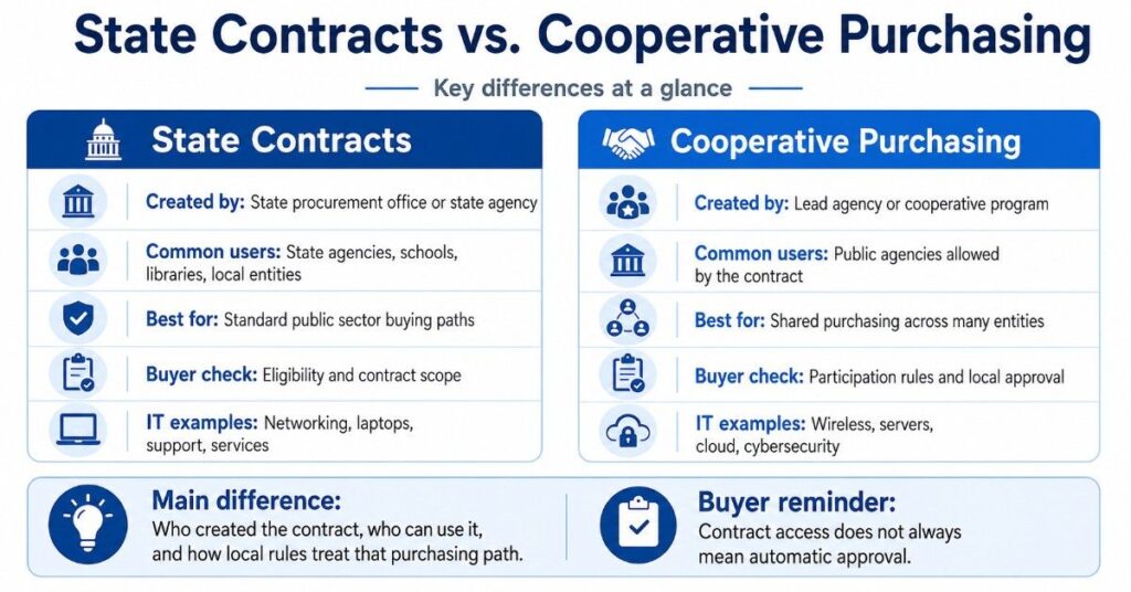 Infographic comparing state contracts and cooperative purchasing for SLED IT buyers, including users, contract source, approval checks, and IT examples.