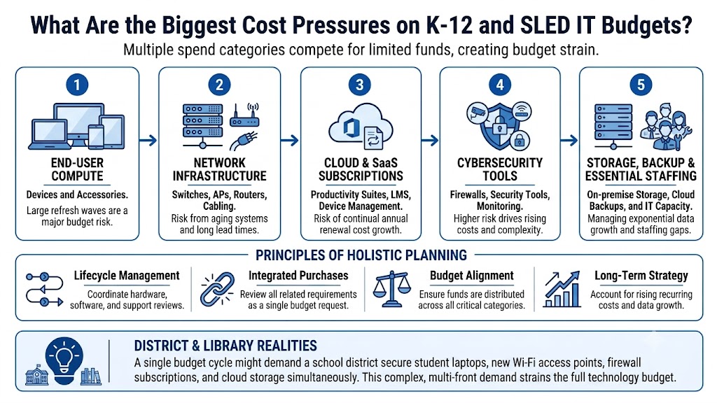 An infographic titled "What Are the Biggest Cost Pressures on K-12 and SLED IT Budgets?" with the subtitle, "Multiple spend categories compete for limited funds, creating budget strain."